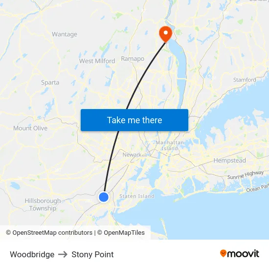 Woodbridge to Stony Point map