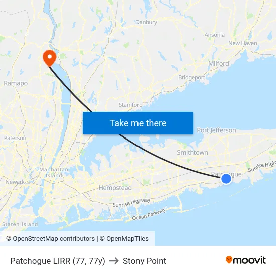 Patchogue LIRR (77, 77y) to Stony Point map