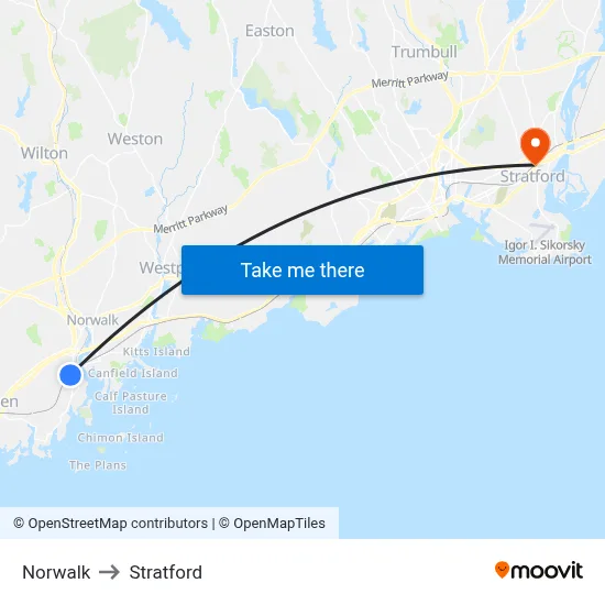 Norwalk to Stratford map