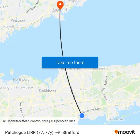 Patchogue LIRR (77, 77y) to Stratford map