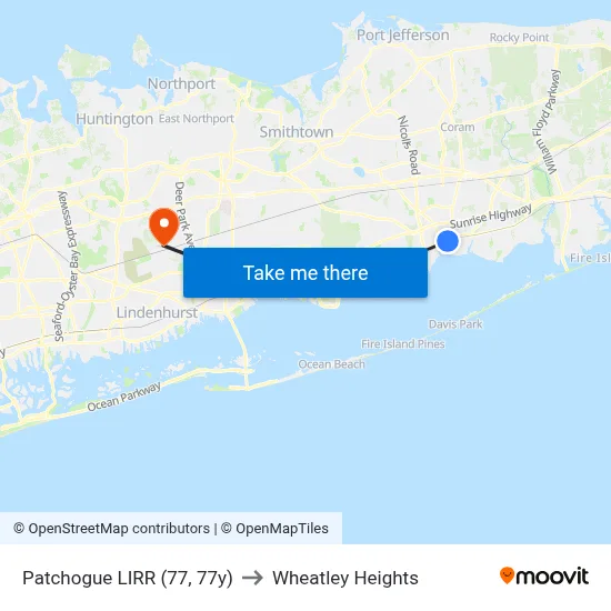Patchogue LIRR (77, 77y) to Wheatley Heights map