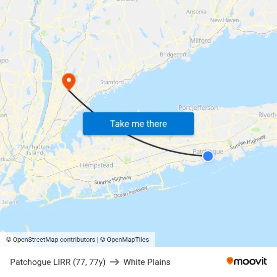 Patchogue LIRR (77, 77y) to White Plains map