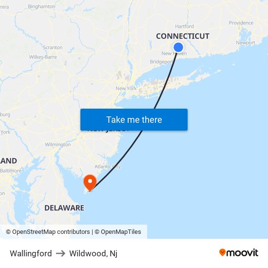 Wallingford to Wildwood, Nj map