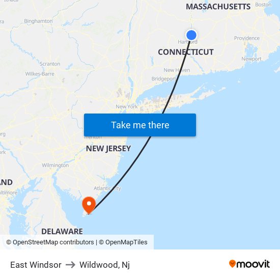 East Windsor to Wildwood, Nj map