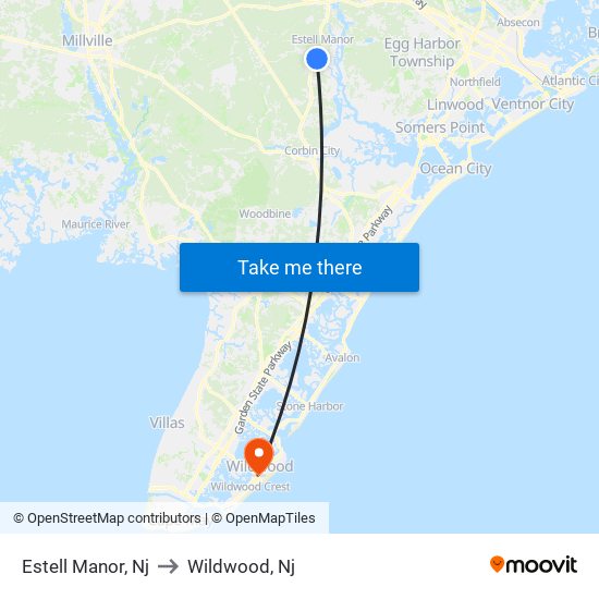 Estell Manor, Nj to Wildwood, Nj map