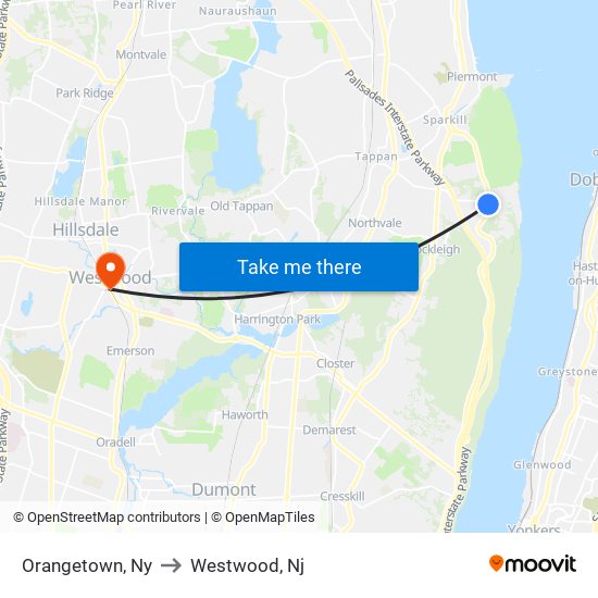 Orangetown, Ny to Westwood, Nj map