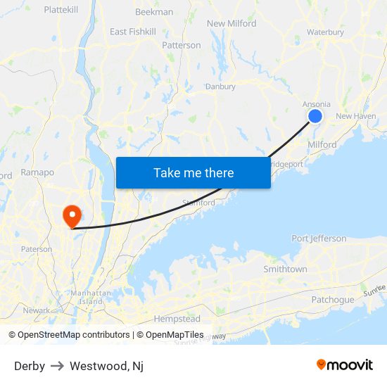 Derby to Westwood, Nj map