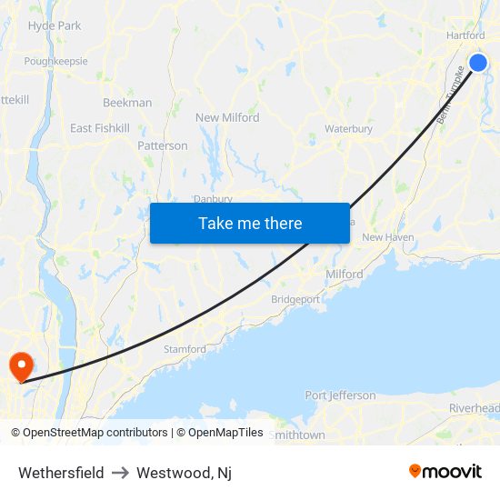 Wethersfield to Westwood, Nj map