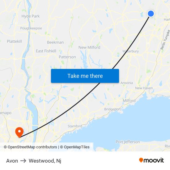 Avon to Westwood, Nj map