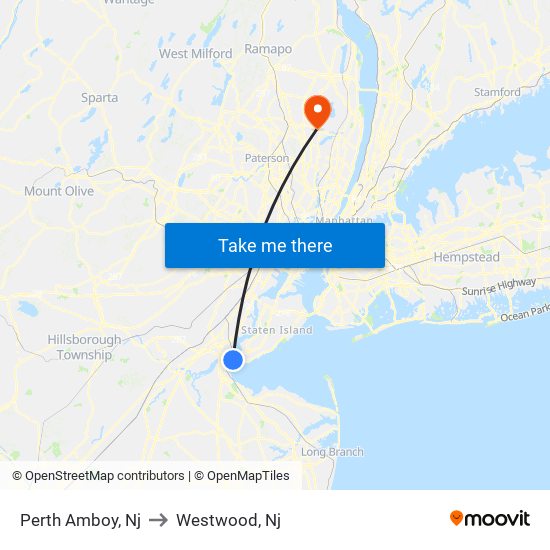 Perth Amboy, Nj to Westwood, Nj map