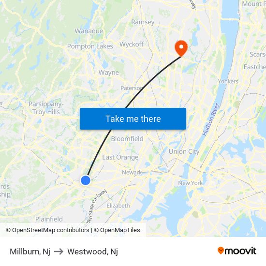 Millburn, Nj to Westwood, Nj map