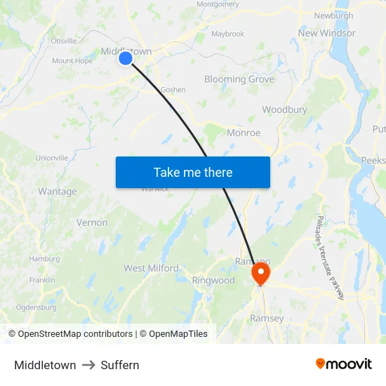 Middletown to Suffern map