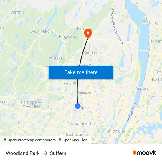 Woodland Park to Suffern map