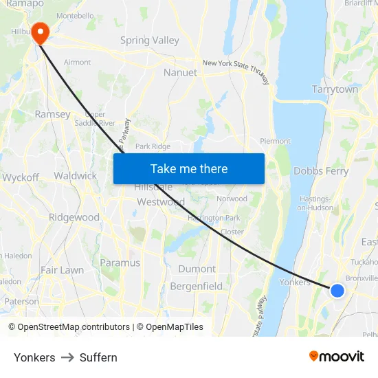 Yonkers to Suffern map