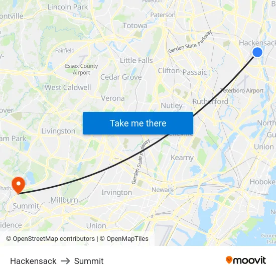 Hackensack to Summit map