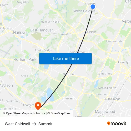 West Caldwell to Summit map