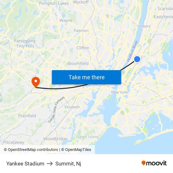 Yankee Stadium to Summit, Nj map