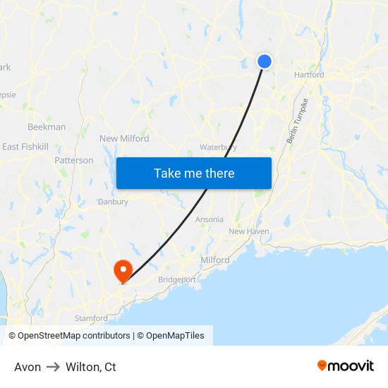 Avon to Wilton, Ct map