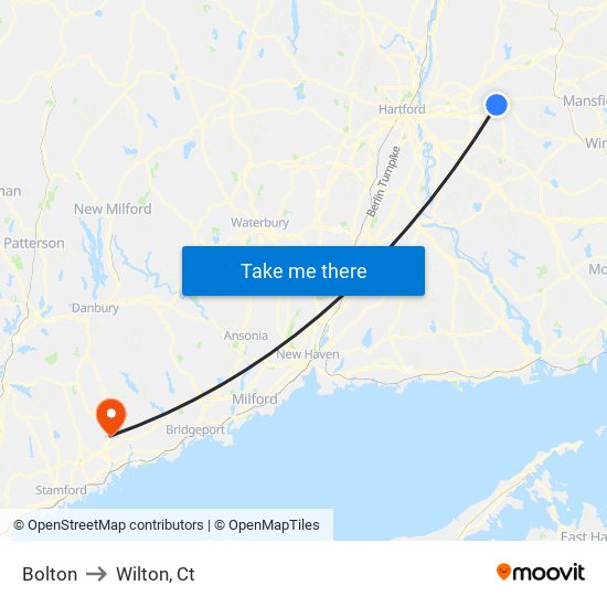 Bolton to Wilton, Ct map