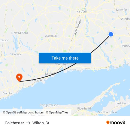 Colchester to Wilton, Ct map