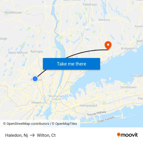 Haledon to Wilton, Ct map