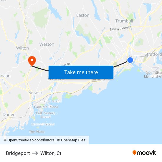 Bridgeport to Wilton, Ct map