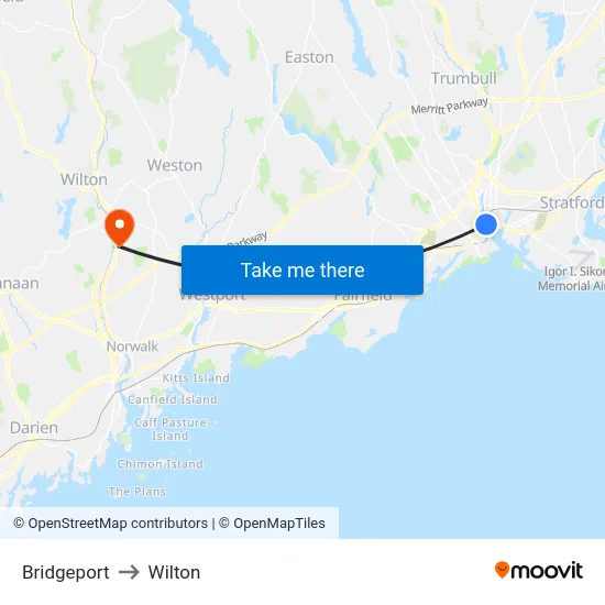 Bridgeport to Wilton map