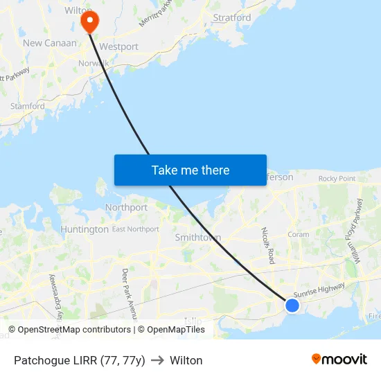 Patchogue LIRR (77, 77y) to Wilton map