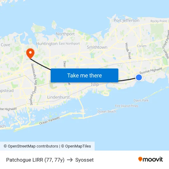 Patchogue LIRR (77, 77y) to Syosset map