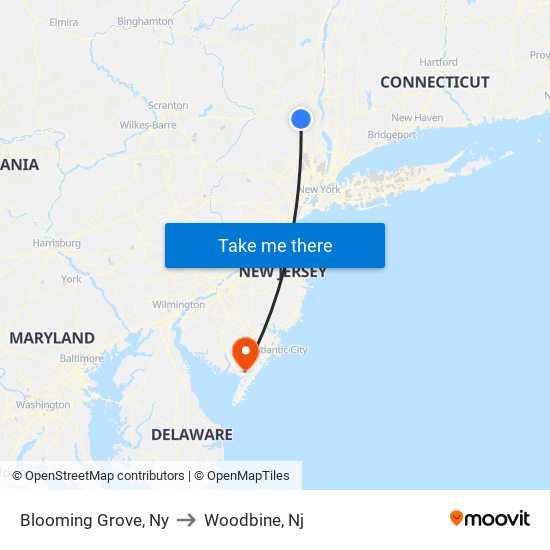 Blooming Grove, Ny to Woodbine, Nj map