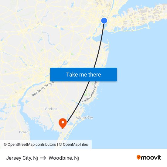 Jersey City, Nj to Woodbine, Nj map