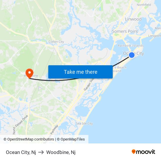 Ocean City, Nj to Woodbine, Nj map