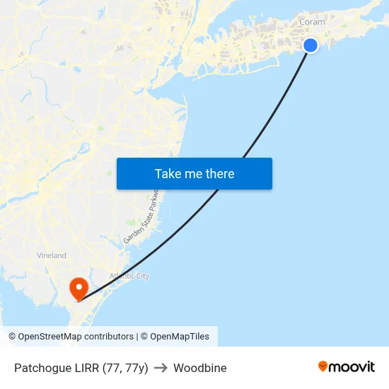 Patchogue LIRR (77, 77y) to Woodbine map