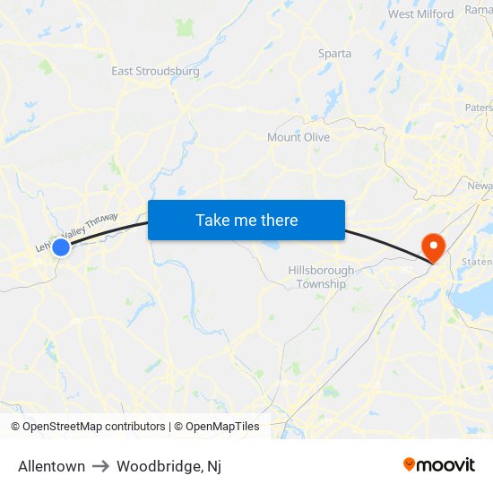 Allentown to Woodbridge, Nj map