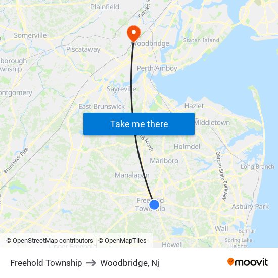 Freehold Township to Woodbridge, Nj map