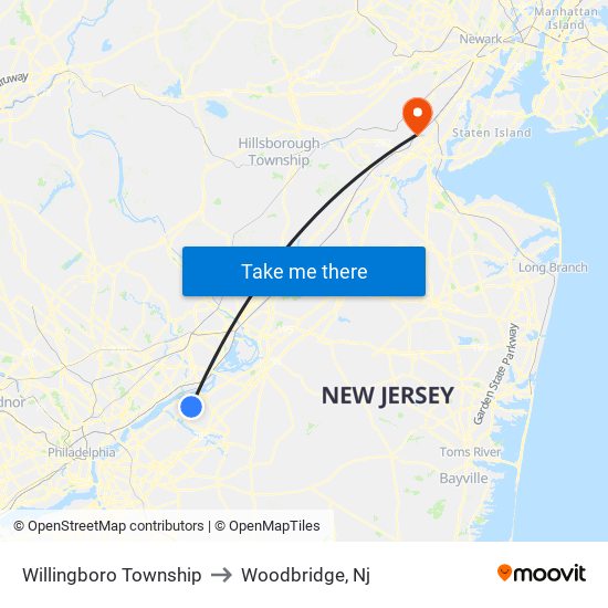 Willingboro Township to Woodbridge, Nj map