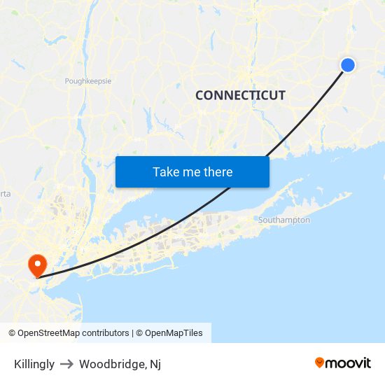 Killingly to Woodbridge, Nj map