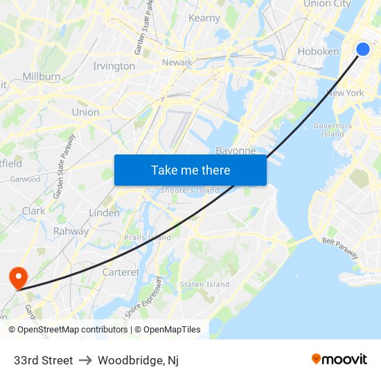 33rd Street to Woodbridge, Nj map