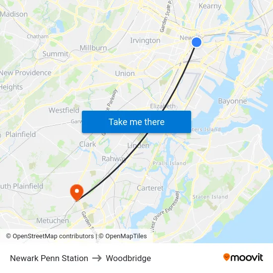 Newark Penn Station to Woodbridge map