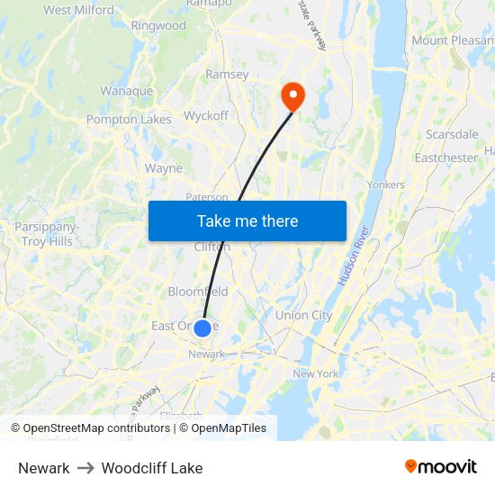 Newark, Nj to Woodcliff Lake, Nj map