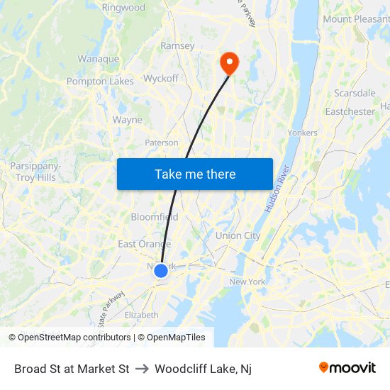 Broad St at Market St to Woodcliff Lake, Nj map