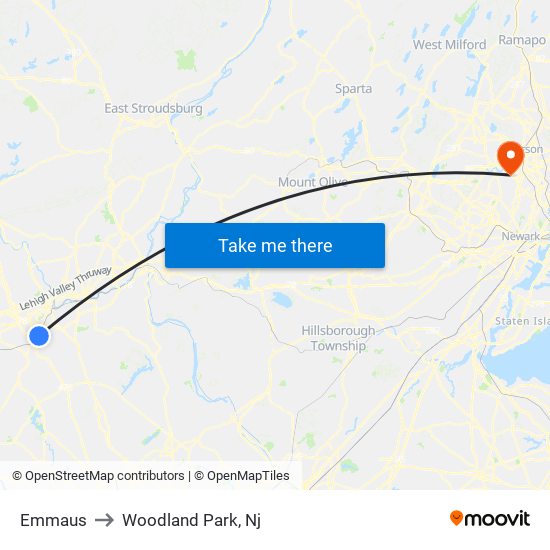 Emmaus to Woodland Park, Nj map