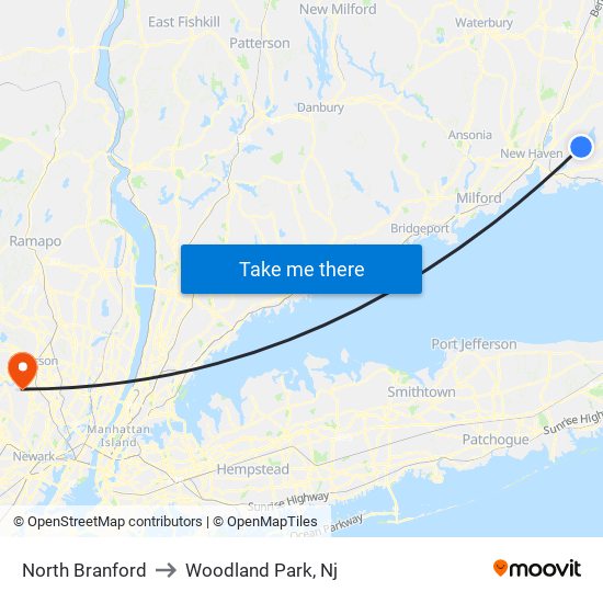 North Branford to Woodland Park, Nj map