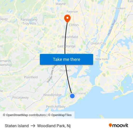 Staten Island to Woodland Park, Nj map