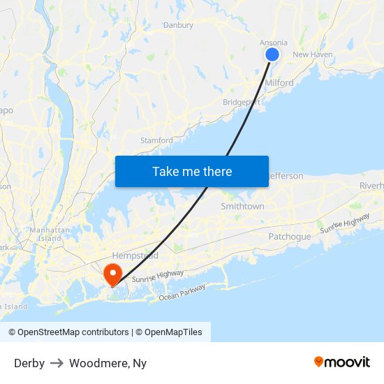 Derby to Woodmere, Ny map