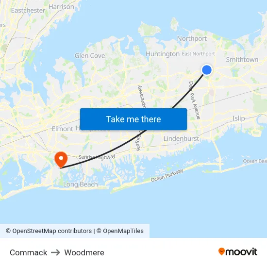 Commack to Woodmere map
