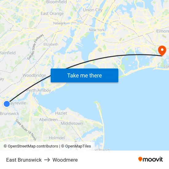 East Brunswick to Woodmere map