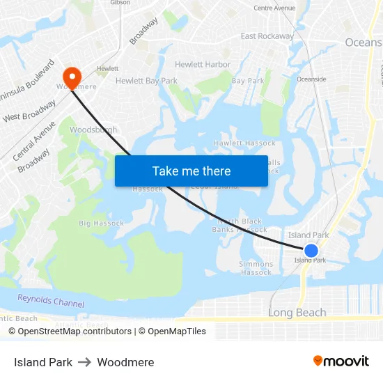 Island Park to Woodmere map