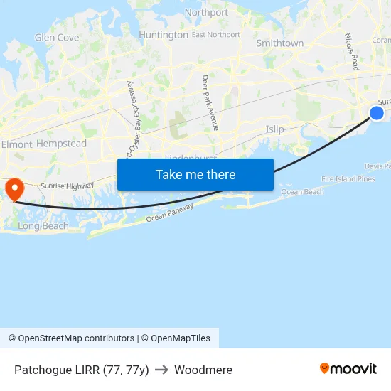 Patchogue LIRR (77, 77y) to Woodmere map