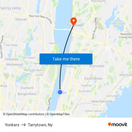 Yonkers to Tarrytown, Ny map